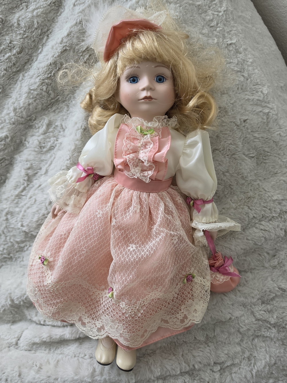 Vintage 16" Hyman Products Porcelain Doll – Pink Lace Victorian Dress & Hat
